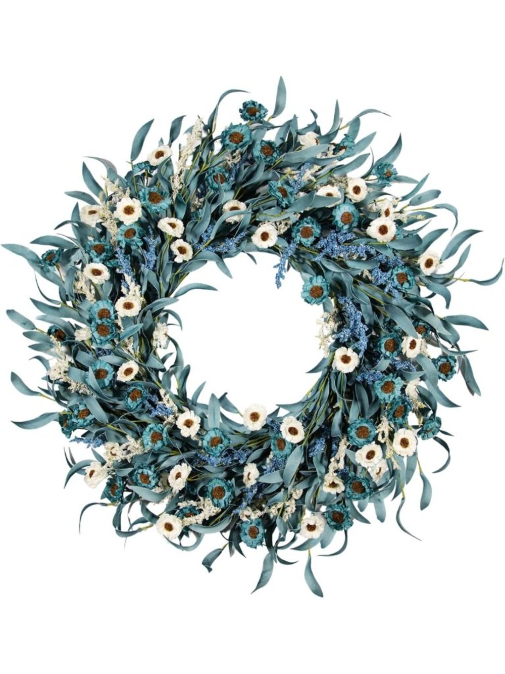 24-Inch Blue Daisy Flower Wreath - Spring Summer Decor with White Floral